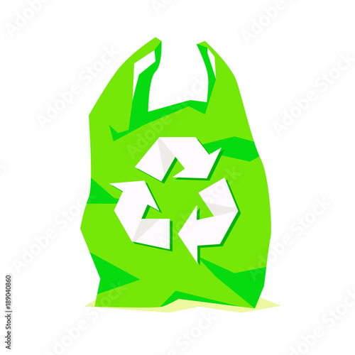 Green plastic bag with recycle sign inside isolated on white background. Recycling concept. Vector illustration can be used for Save The Earth poster, Stop Global Warming promotion, print for t-shirt
