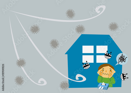 風邪、インフルエンザのイメージイラスト。木枯らし。乾燥。