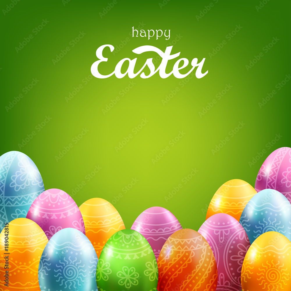Square green background with bright colored Easter eggs. Vector illustration.