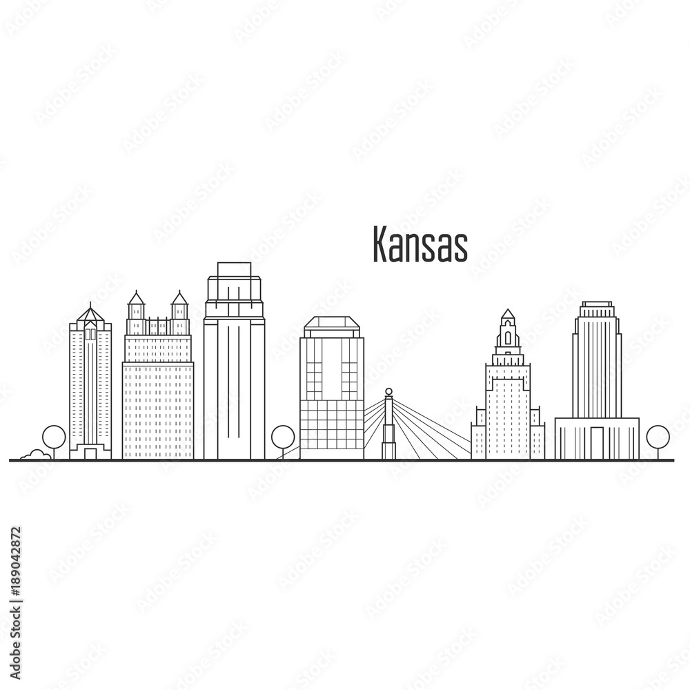 Kansas city skyline - downtown cityscape, city landmarks in liner style