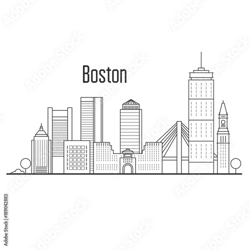 Boston city skyline - downtown cityscape, city landmarks in liner style