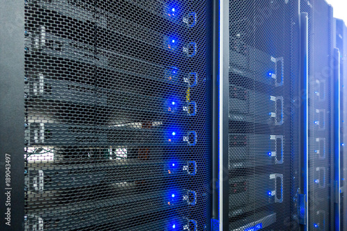 Servers close up. Modern datacenter. Cloud computing. Datacenter with flashing lights. Big Data photo
