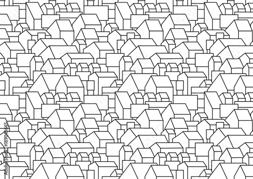 attern or background with cartoon houses with gable roofs. City, town, village landscape. Horizontal