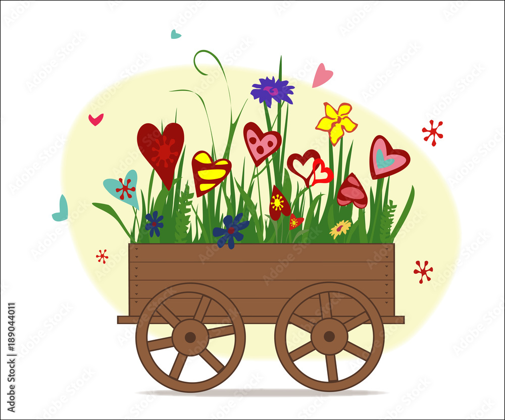 Flower arrangement from blooming hearts in garden cart. Illustration symbolizing joy, love and happiness. Perfect for greeting card, greeting with Valentine's day. Horizontal location. Vector.