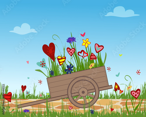 Flower arrangement from blooming hearts in the garden cart. Wheelbarrow, trolley filled with flowers. Vector illustration symbolizing joy, love and happiness. Perfect for greeting cards. Horizontal.