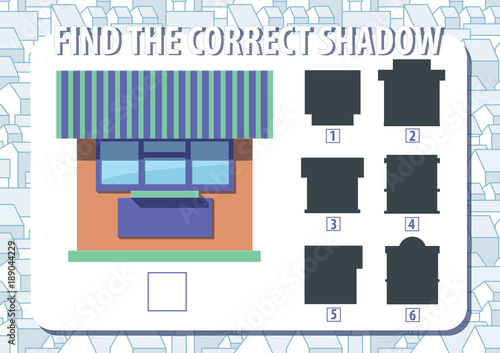 Game for kids. Find the correct shadow of kiosk. Horizontal, album orientation.