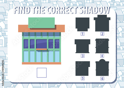 Game for kids. Find the correct shadow of kiosk. Horizontal, album orientation.