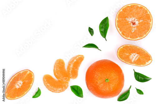 orange or tangerine with leaves isolated on white background with copy space for your text. Flat lay  top view