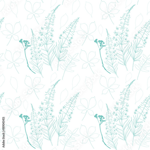 Floral vector seamless pattern with different hand drawn leaves, wild flowers...