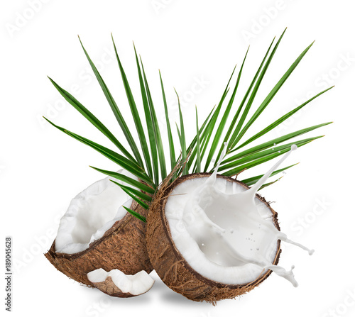 close-up of a coconuts with milk splash on white background