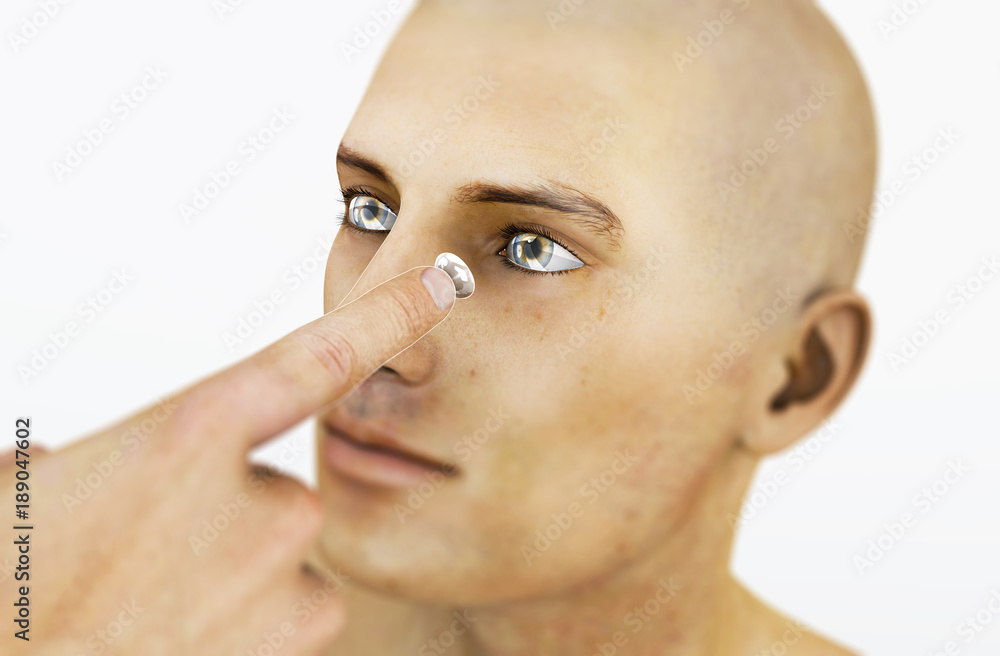 Lente a contatto, profilo corpo umano, viso, dita. Persona nell'atto di mettersi una lente a contatto Lente a contatto, profilo corpo umano, viso, dita. Persona nell'atto di mettersi una lente a contatto