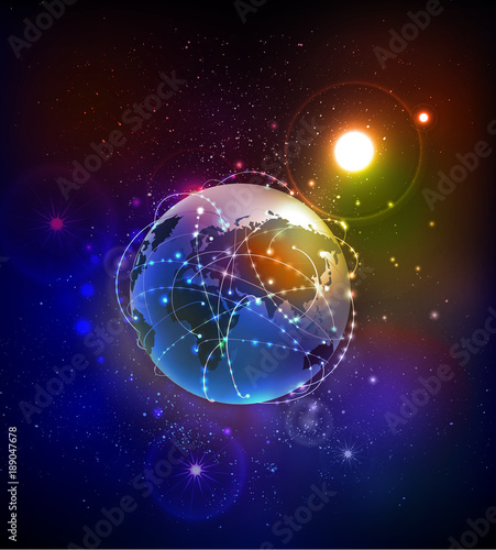 Planet Earth surrounded communication lines and icons. Neon effect. Business network concept.