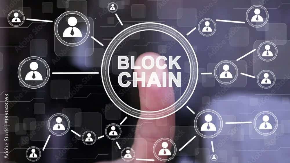 Businessman presses button block chain icon network internet interface.
