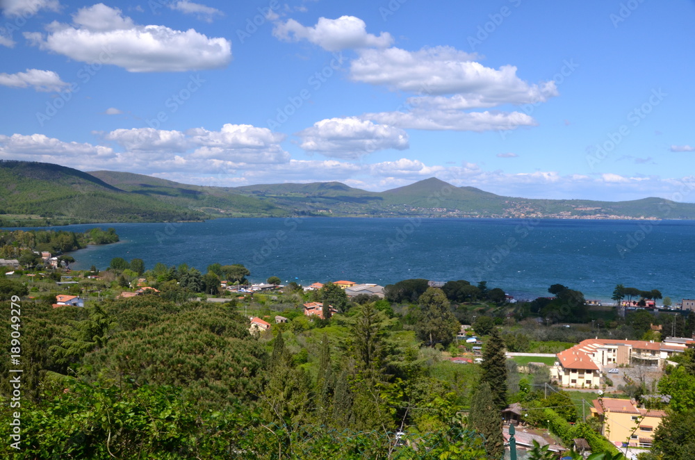 View of Lake of bracciano. The lake is a volcanic origin crater lake and the second largest lake in Lazio Italy.