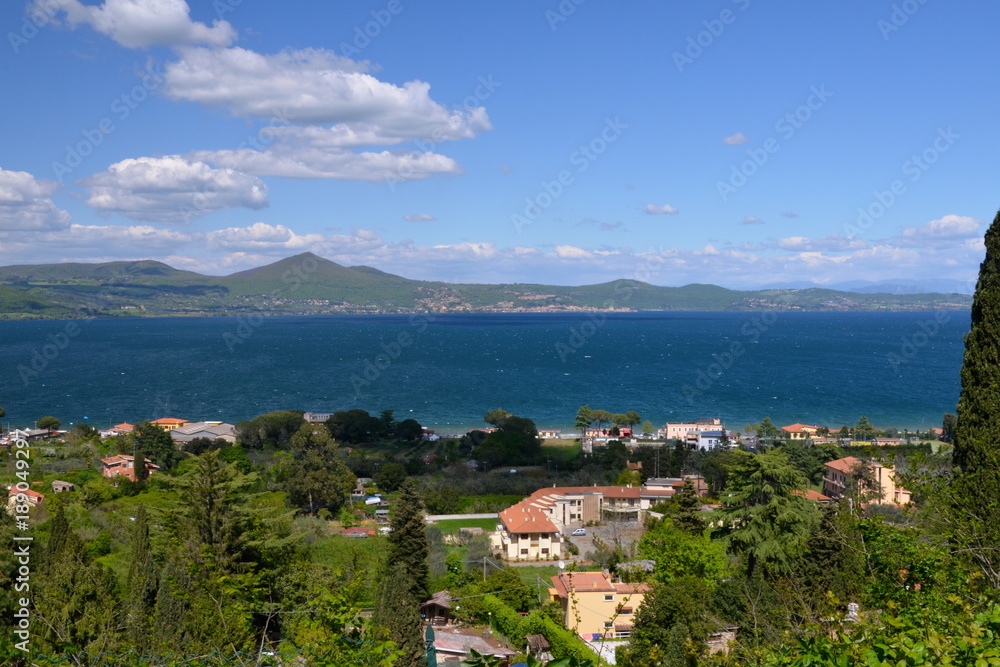 Fototapeta premium View of Lake of bracciano. The lake is a volcanic origin crater lake and the second largest lake in Lazio Italy.