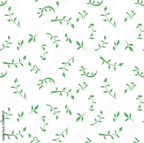 Seamless pattern green leaves and twigs. Flat vector template.