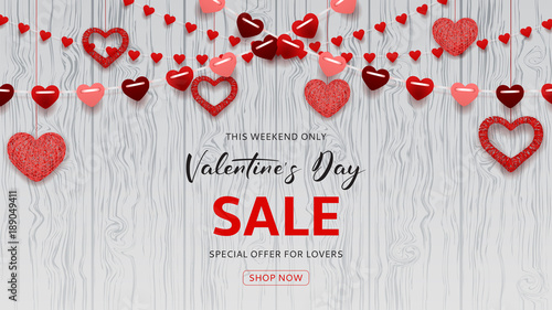 Happy Valentine's Day Sale Web Banner. Romantic composition with garlands from paper. Beautiful backdrop with heart from threads on wooden texture. Vector illustration.