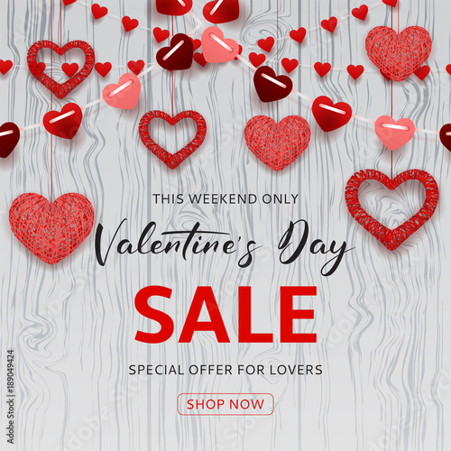 Happy Valentine's Day Sale Background. Romantic composition with garlands from paper. Beautiful backdrop with heart from threads on wooden texture. Vector illustration.