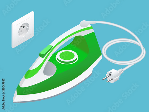 Isometric steam iron and power socket on blue background.