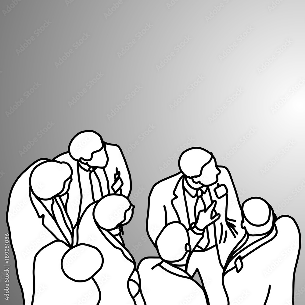 group of businessmen looking at someting on the right vector illustration doodle sketch hand drawn with black lines isolated on gray background. Business concept.