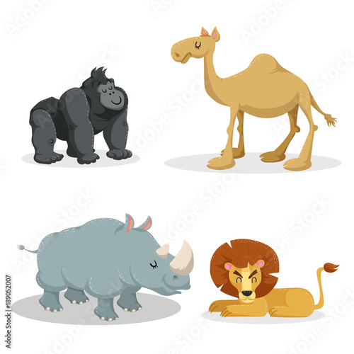 Cartoon trendy style african animals set. Gorilla monkey, lion, dromedary camel, rhiniceros. Closed eyes and cheerful mascots. Vector wildlife illustrations. photo