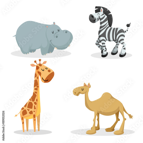 Cartoon trendy style african animals set. Hippo  zebra  giraffe  dromedary camel. Closed eyes and cheerful mascots. Vector wildlife illustrations.