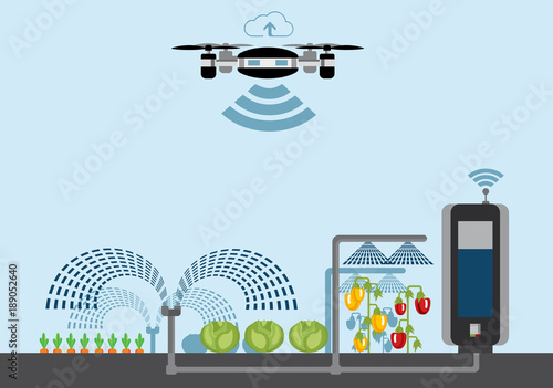 Internet of things in agriculture. Smart farm with wireless drone control. Vector illustration.