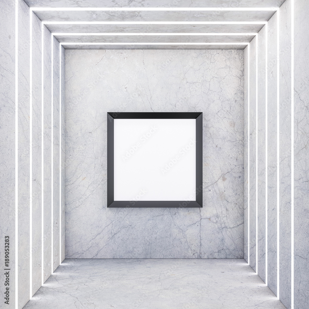 Square black Frame on concrete wall with light stripes, 3d rendering