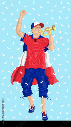 “France Soccer Fan with Bugle” French supporter, confetti papers and background are in different layers.