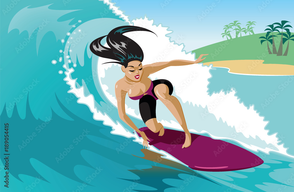Young surf girl with surfboard riding a wave.