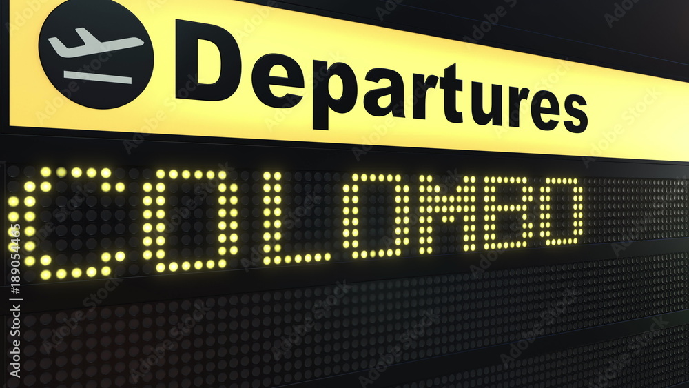 Flight to Colombo on international airport departures board. Travelling to Sri Lanka conceptual 3D rendering Flight to Colombo on international airport departures board. Travelling to Sri Lanka conceptual 3D rendering
