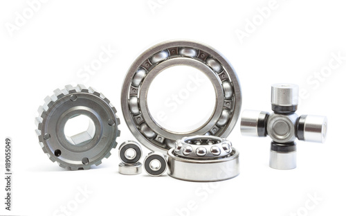 Bearing, rollers and gear parts isolated on white, automotive industry