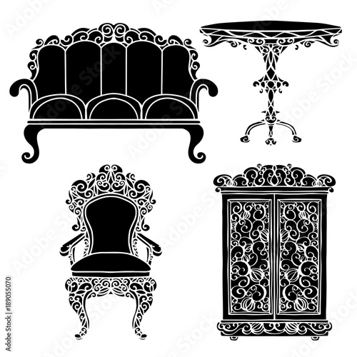 Vintage furniture set, chair, sofa, table, cupboard