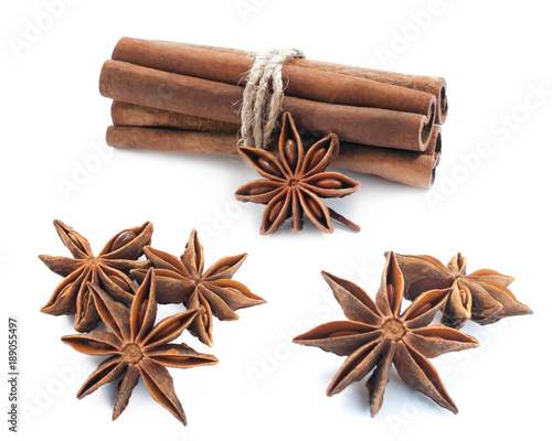 Cinnamon stick group with star anise spice set isolated on white background