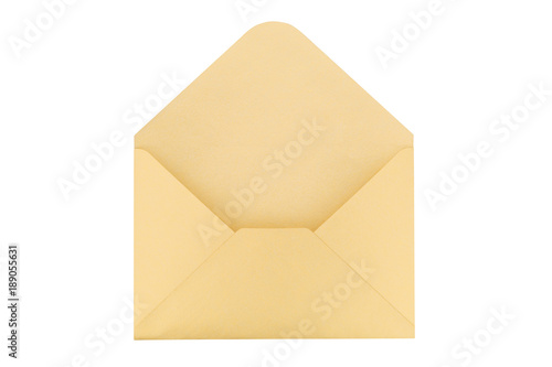 Open yellow paper envelope isolated on white background.