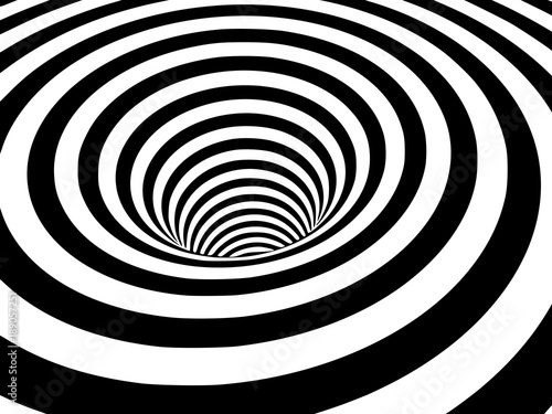 Abstract black and white striped optical illusion three dimensional geometrical wormhole shape