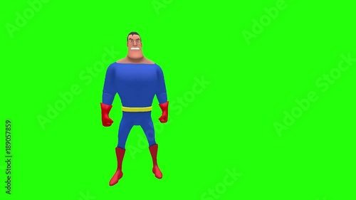 Vengeful upset angry hateful animated superhero strongman cartoon character in front of green screen performs the Usain bolt pose multiple times photo