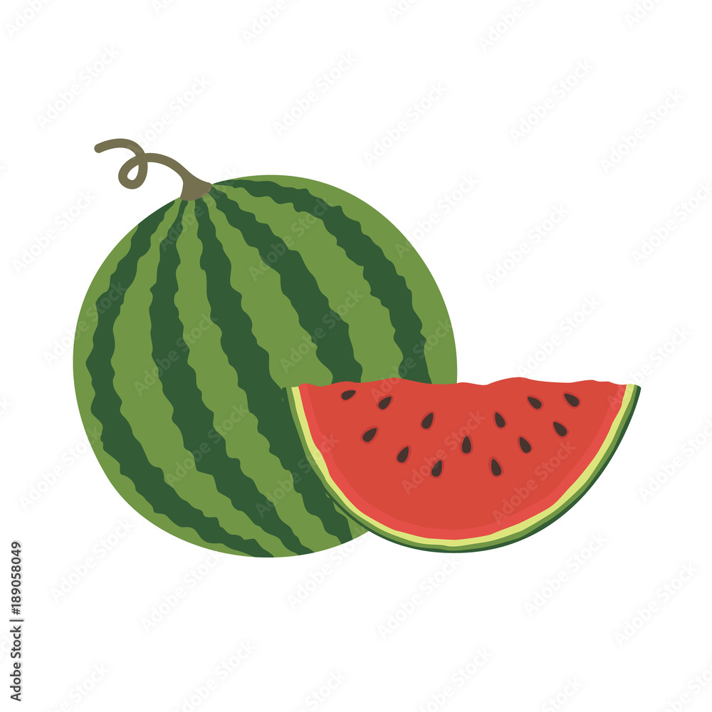 Vector illustration logo for whole ripe red fruit watermelon, green stem, cut half, sliced slice berry with red flesh. Watermelon pattern from natural sweet food. Vector illustration logo for whole ripe red fruit watermelon, green stem, cut half, sliced slice berry with red flesh. Watermelon pattern from natural sweet food.