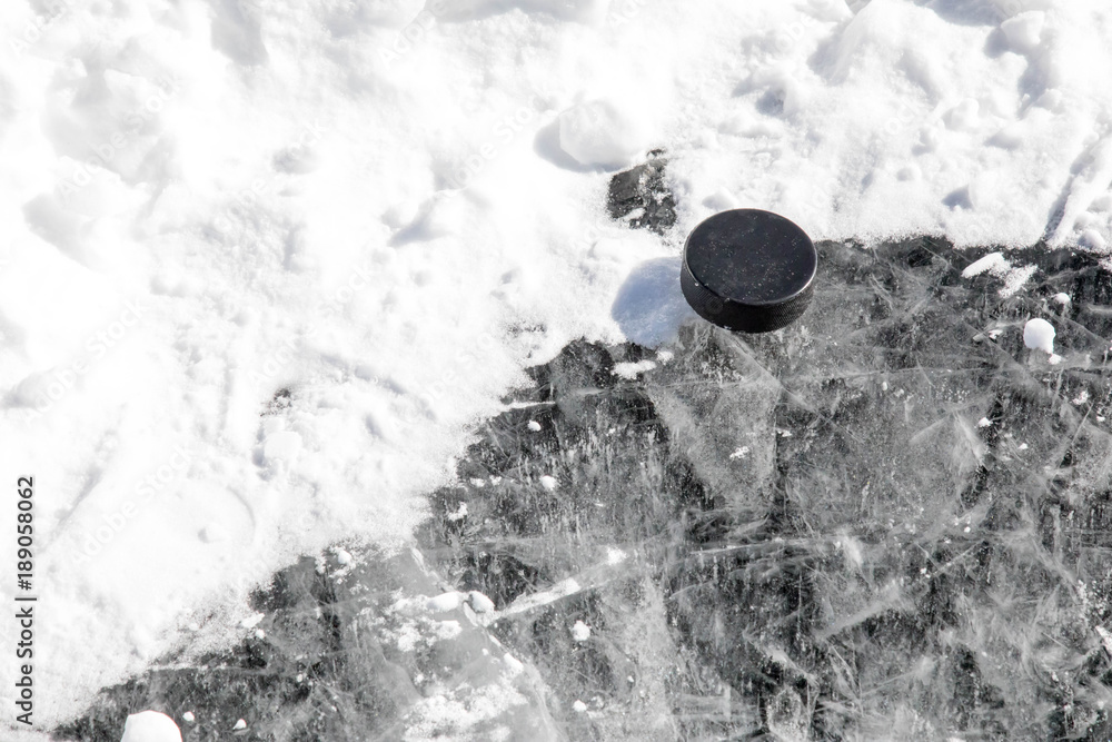 Fototapeta premium Hockey puck resting in a snowbank on the edge of a pond hockey rink
