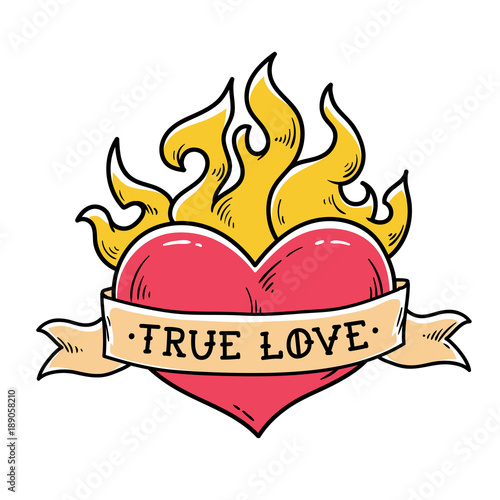 Flaming Heart Tattoo with ribbon. True love. Heart burning in fire. Ribbon wraps around red heart. Old school style.