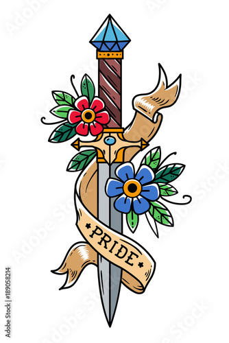 Vector tattoo dagger with flowers and ribbon. Ancient oriental dagger decorated with large sapphire. Lettering Pride.