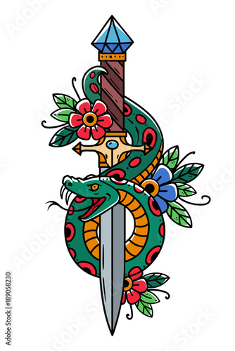 Vector tattoo dagger with snake. Dagger decorated with large blue sapphire. Snake wraps around ancient oriental dagger.