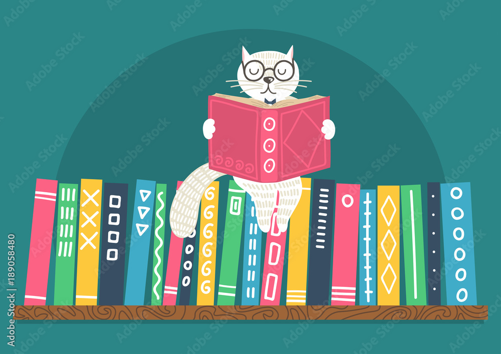 Fototapeta premium Bookshelf with fantasy clever white cat reading book. Different color books on shelf on teal background. Cat sitting on books. Vector illustration.