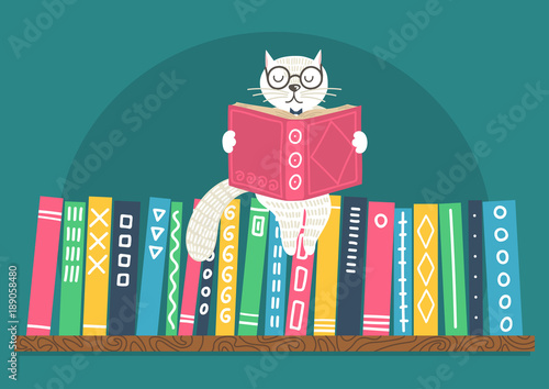 Bookshelf with fantasy clever white cat reading book. Different color books on shelf on teal background. Cat sitting on books. Vector illustration.