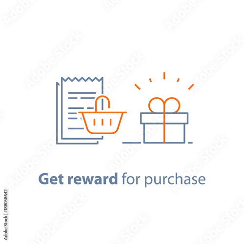 Loyalty program, earn points and get reward, marketing concept, small gift box and till slip with shopping basket
