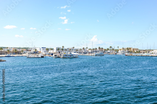 Ibiza, Spain - October 5, 2017 : Beautiful view of boat port and town in Ibiza city and Formentera islands, Spain. Sea rest and holiday concept.