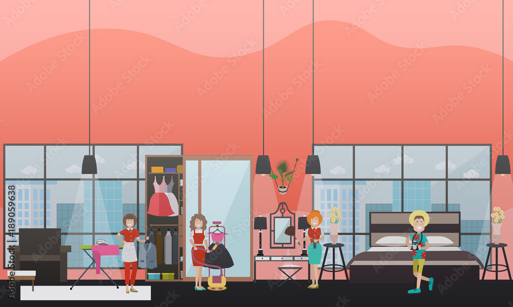 Fototapeta premium Professional hotel cleaning services vector flat illustration