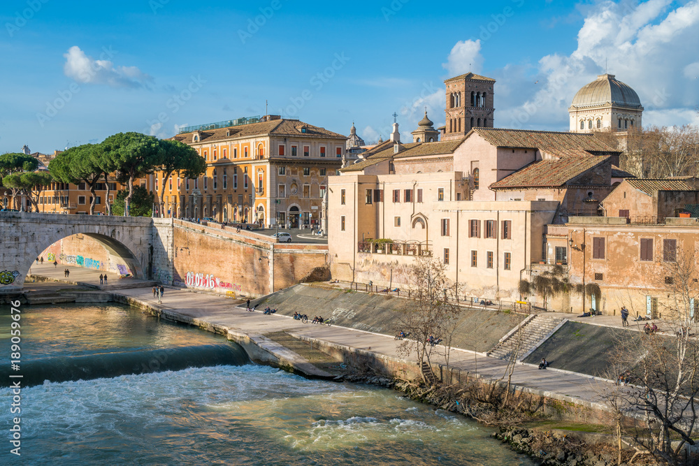 A sunny afternoon on the Tiberina Island in Rome, Italy.