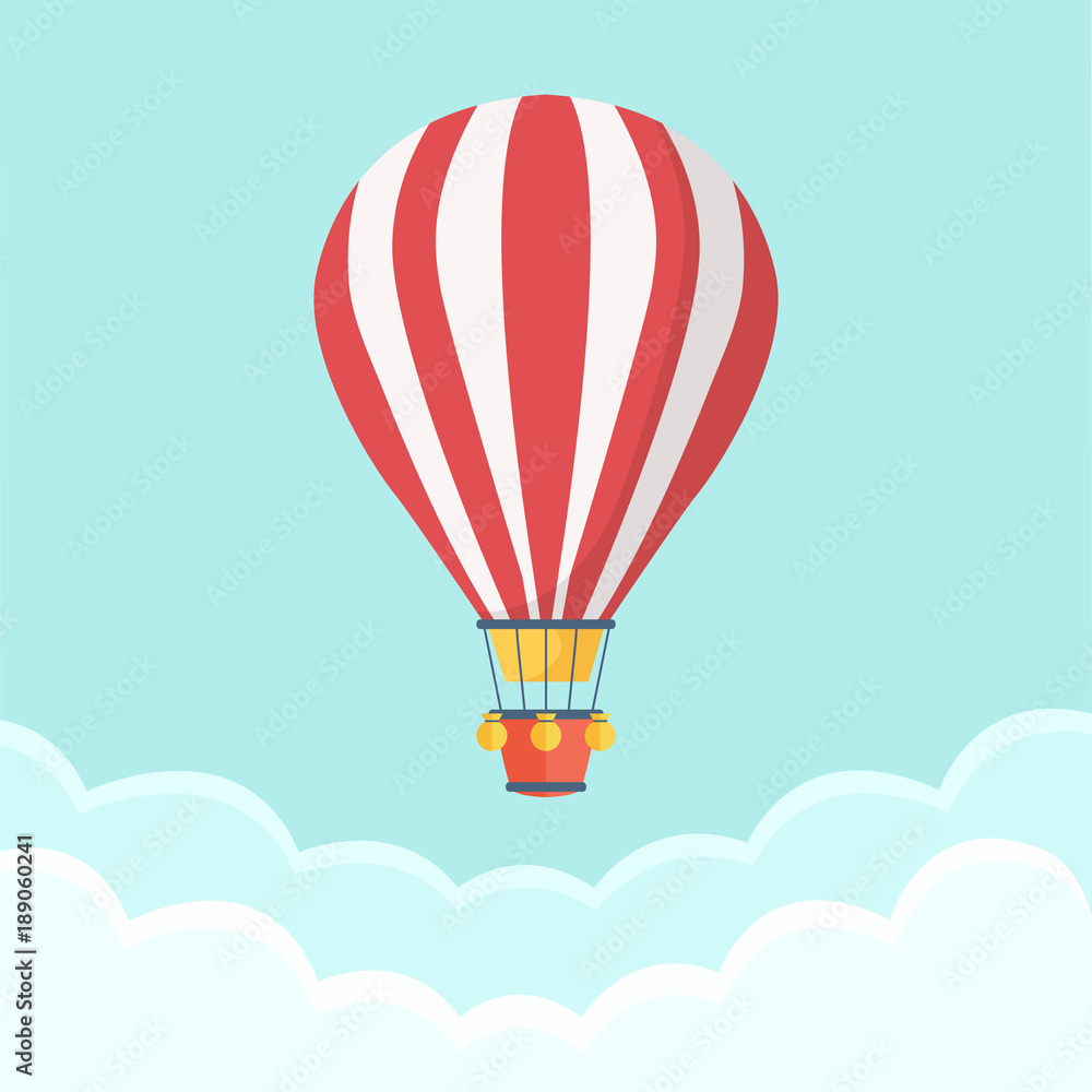 Obraz premium Hot air balloon in the sky with clouds. Flat cartoon design. Vector illustration