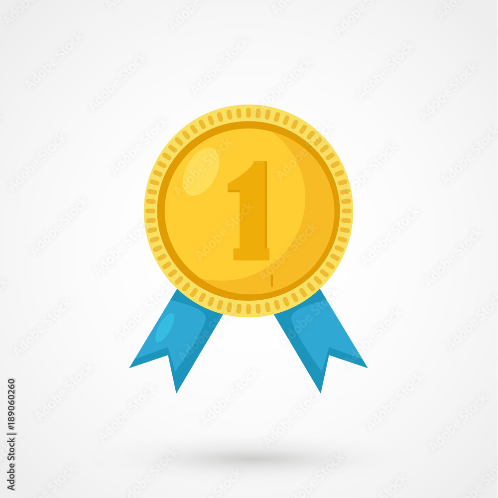 Olympic gold medal for first place. Trophy, winner award isolated on white background. Golden badge. Achievement, victory concept. Vector illustration. Flat style design Olympic gold medal for first place. Trophy, winner award isolated on white background. Golden badge. Achievement, victory concept. Vector illustration. Flat style design